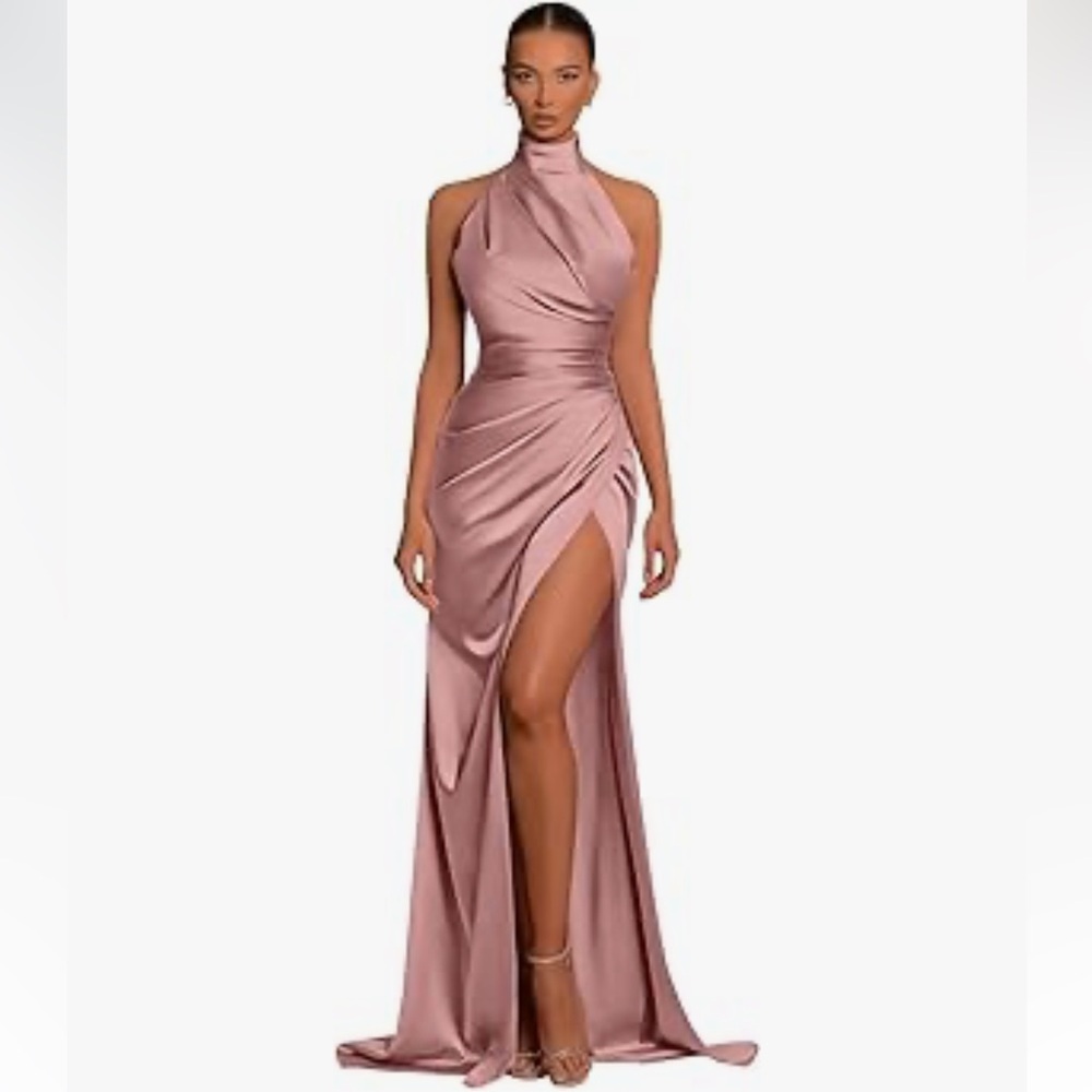 Blush Pink Satin Dress Gown Bridesmaid Prom Halter Pleated Mermaid Corset slit - Picture 5 of 10
